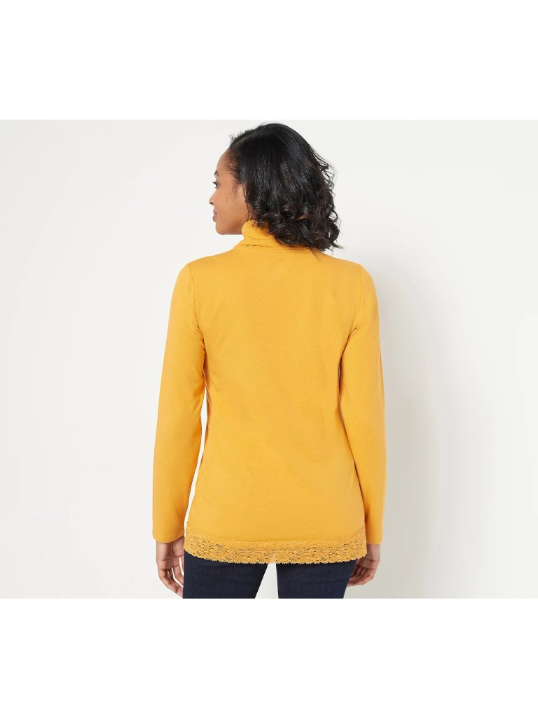 Denim And Co Essentials Turtleneck Size Xs Jersey Top With Lace Hem Yellow New — image 2 of 8